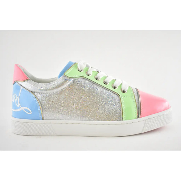 Christian Louboutin Fun Vieira Flat Patent Pink Silver Blue Low Top Sneaker 37.5 - Picture 2 of 12